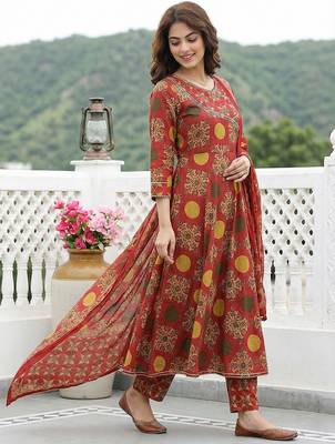 red and yellow printed pure cotton anarkali kurta set with dupatta 2