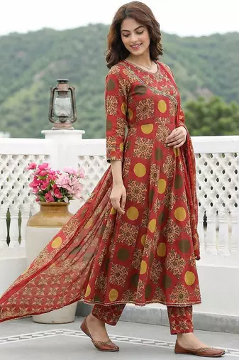 red and yellow printed pure cotton anarkali kurta set with dupatta