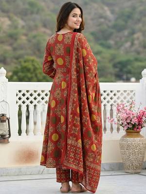 red and yellow printed pure cotton anarkali kurta set with dupatta 3