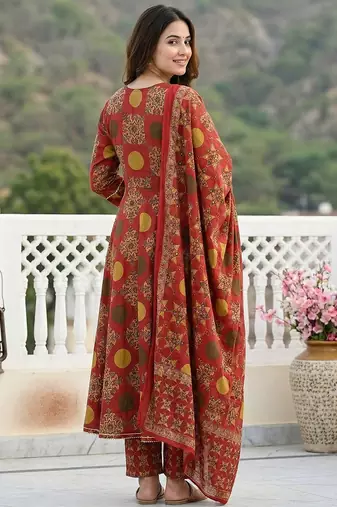 red and yellow printed pure cotton anarkali kurta set with dupatta