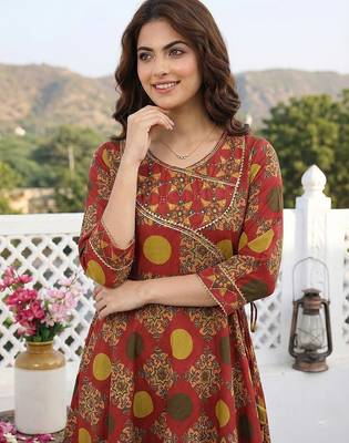 red and yellow printed pure cotton anarkali kurta set with dupatta 4