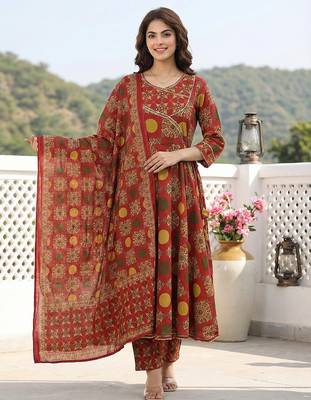 red and yellow printed pure cotton anarkali kurta set with dupatta 5