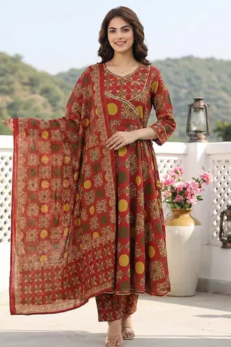 red and yellow printed pure cotton anarkali kurta set with dupatta