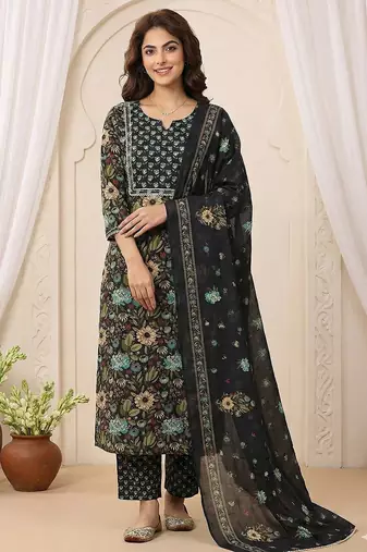 Anouk black and green pure cotton straight regular kurta set