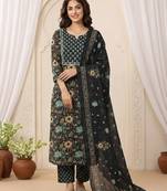 Anouk black and green pure cotton straight regular kurta set