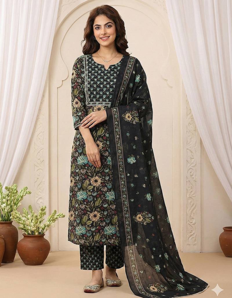 Anouk black and green pure cotton straight regular kurta set