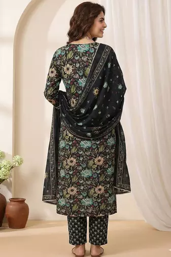 black and green pure cotton straight regular kurta set