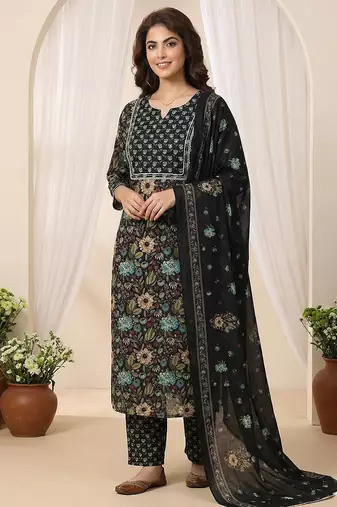black and green pure cotton straight regular kurta set