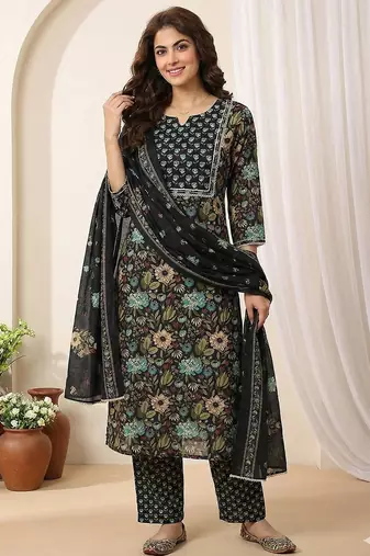 black and green pure cotton straight regular kurta set