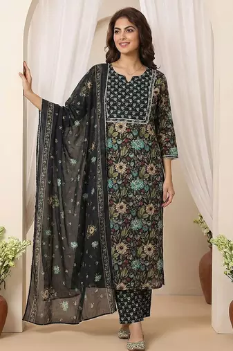 black and green pure cotton straight regular kurta set