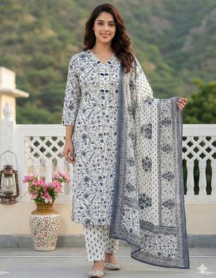 grey and white pure cotton straight regular kurta set 1