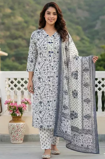 Anouk grey and white pure cotton straight regular kurta set