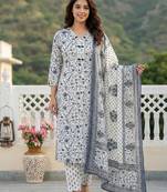 Anouk grey and white pure cotton straight regular kurta set