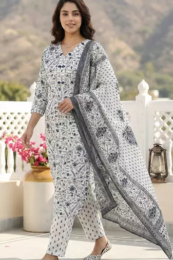 grey and white pure cotton straight regular kurta set