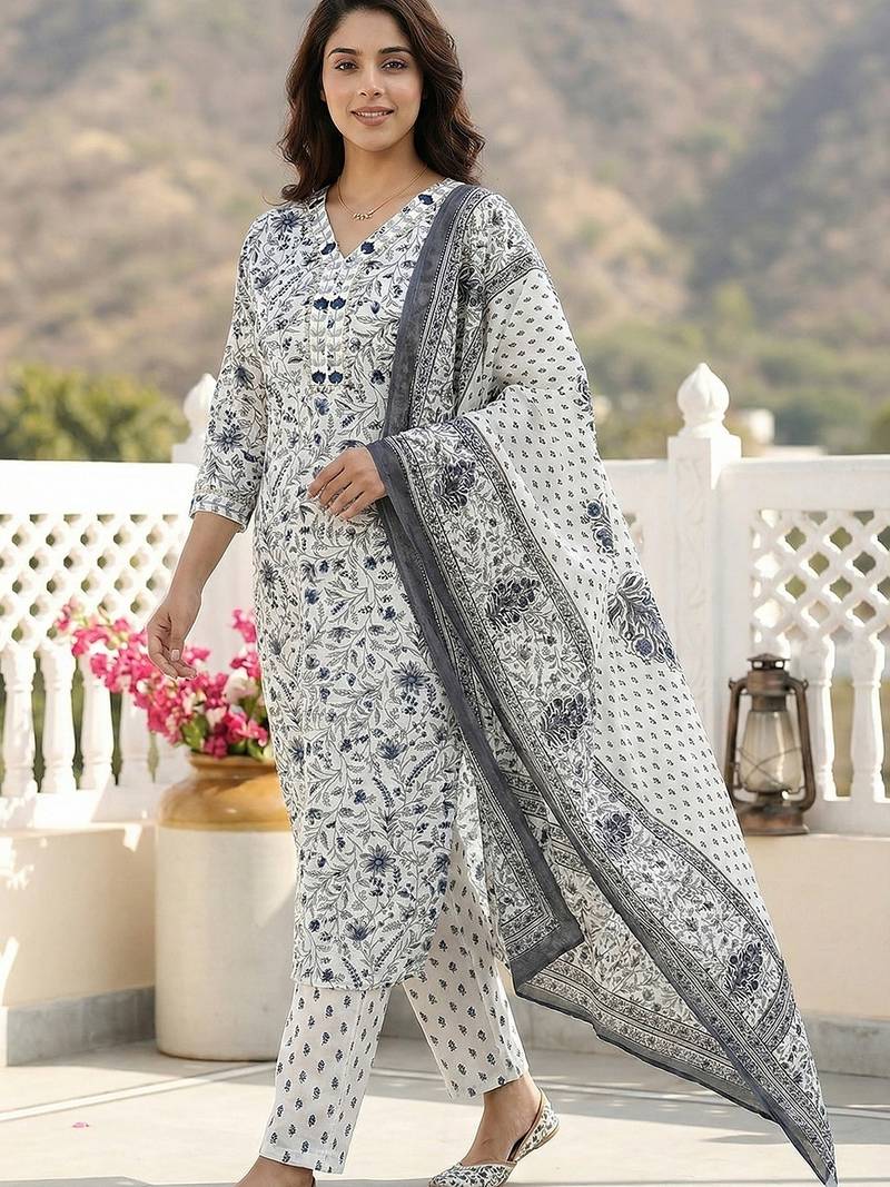Anouk grey and white pure cotton straight regular kurta set