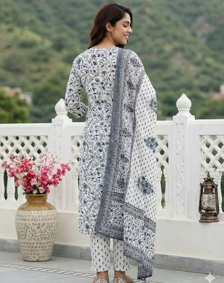 grey and white pure cotton straight regular kurta set 3