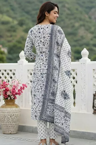 grey and white pure cotton straight regular kurta set