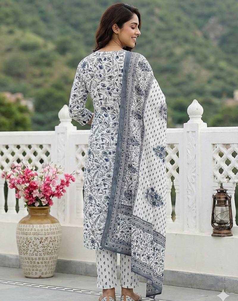 Anouk grey and white pure cotton straight regular kurta set