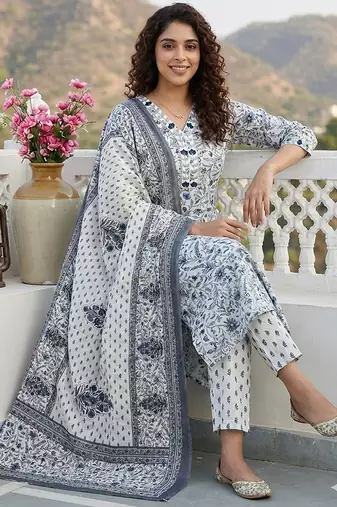 grey and white pure cotton straight regular kurta set