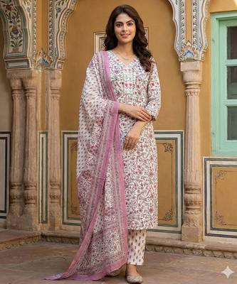 pink and white pure cotton straight regular kurta set 1