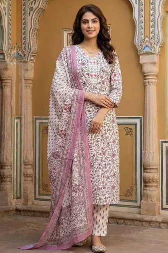 Anouk pink and white pure cotton straight regular kurta set
