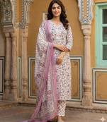 Anouk pink and white pure cotton straight regular kurta set