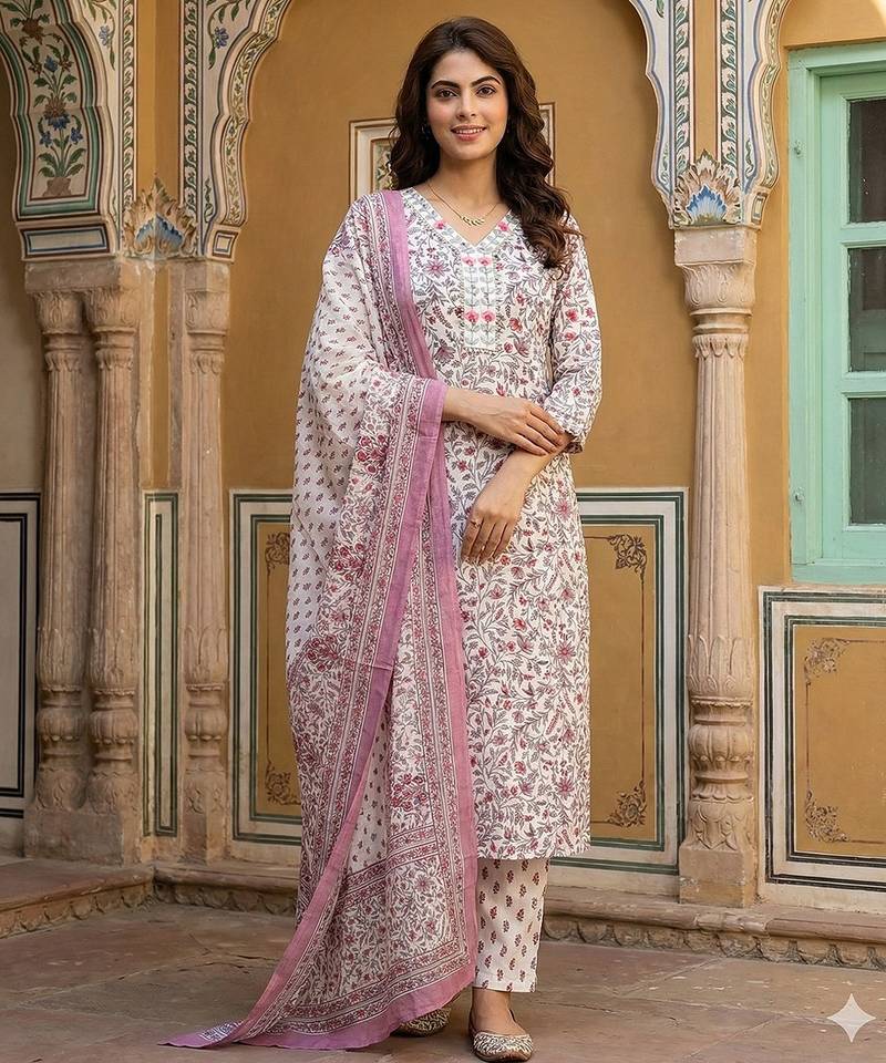 Anouk pink and white pure cotton straight regular kurta set