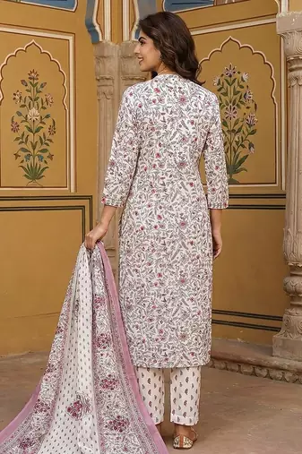pink and white pure cotton straight regular kurta set