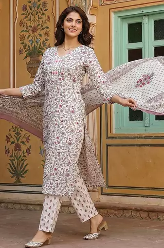 pink and white pure cotton straight regular kurta set