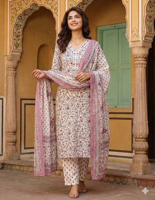 pink and white pure cotton straight regular kurta set 4