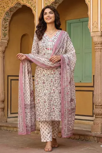 pink and white pure cotton straight regular kurta set