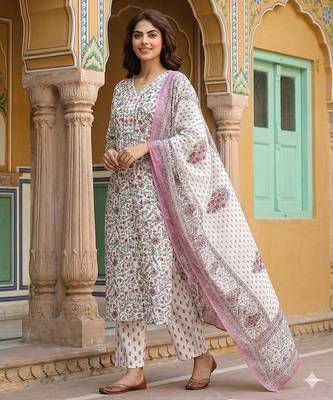 pink and white pure cotton straight regular kurta set 5