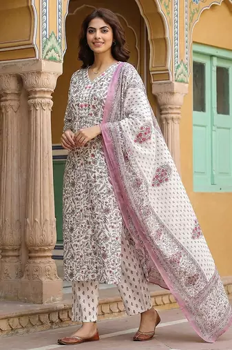 pink and white pure cotton straight regular kurta set