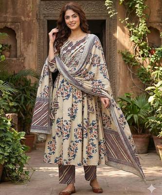 blue and beige pure cotton anarkali regular kurta set 1