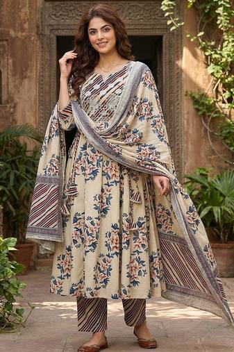 Anouk blue and beige pure cotton anarkali regular kurta set