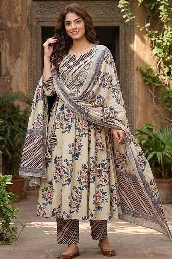 Anouk blue and beige pure cotton anarkali regular kurta set