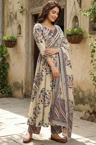 blue and beige pure cotton anarkali regular kurta set
