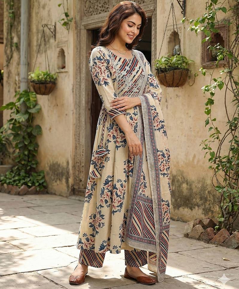 Anouk blue and beige pure cotton anarkali regular kurta set