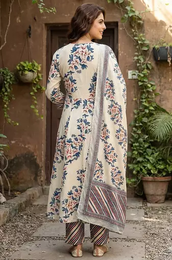 blue and beige pure cotton anarkali regular kurta set