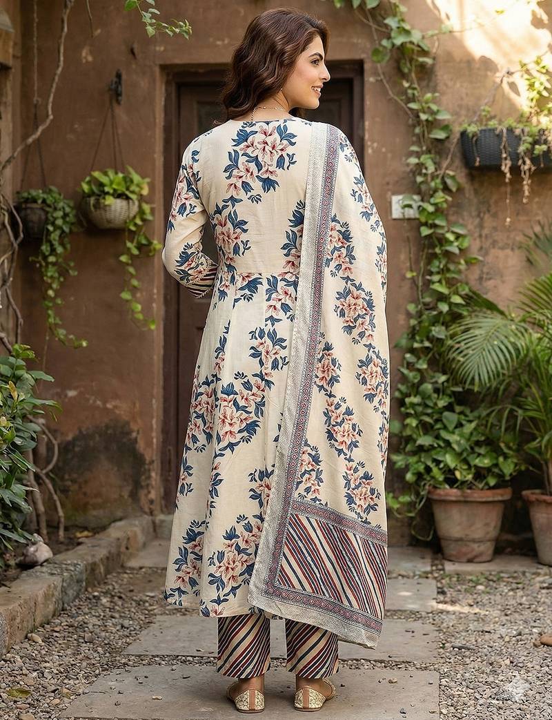 Anouk blue and beige pure cotton anarkali regular kurta set