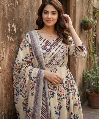 blue and beige pure cotton anarkali regular kurta set 4