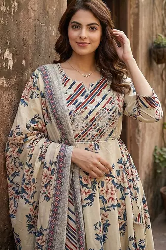 blue and beige pure cotton anarkali regular kurta set