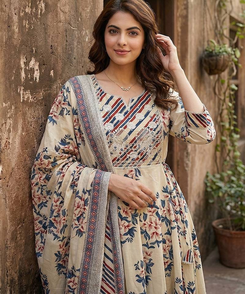 Anouk blue and beige pure cotton anarkali regular kurta set