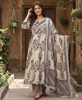 blue and beige pure cotton anarkali regular kurta set 5
