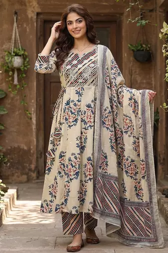 blue and beige pure cotton anarkali regular kurta set