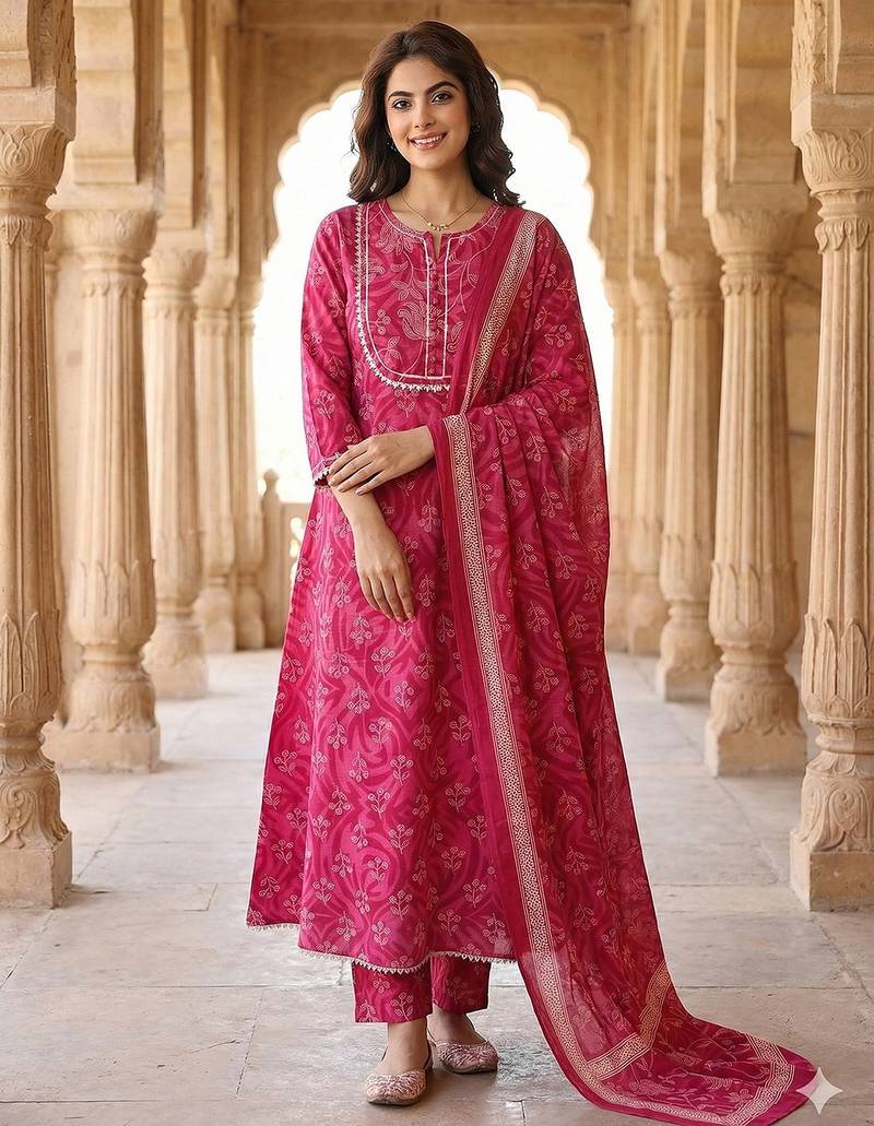 Anouk pink pure cotton a-line regular kurta set