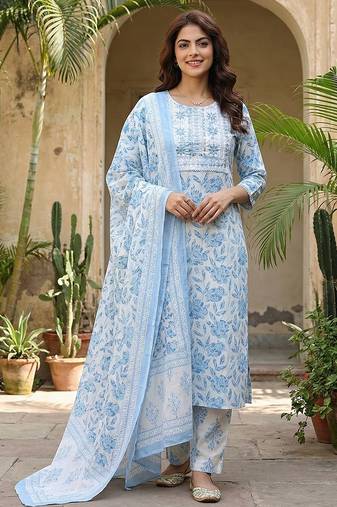 Anouk sky blue and white pure cotton straight regular kurta set