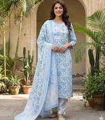 Anouk sky blue and white pure cotton straight regular kurta set