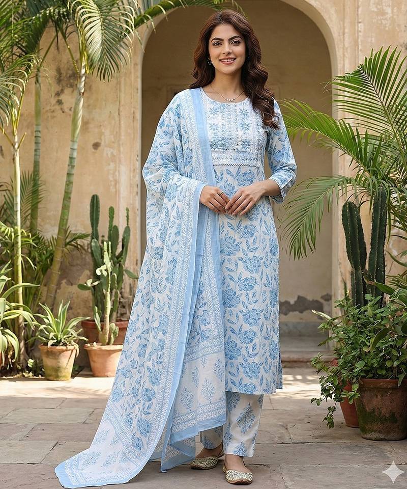 Anouk sky blue and white pure cotton straight regular kurta set