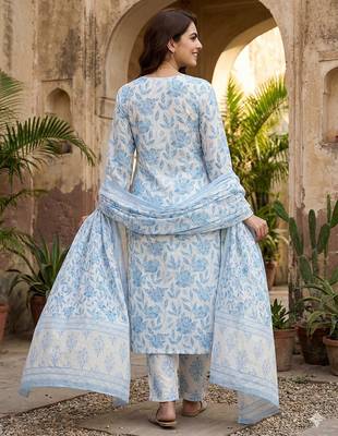 sky blue and white pure cotton straight regular kurta set 2